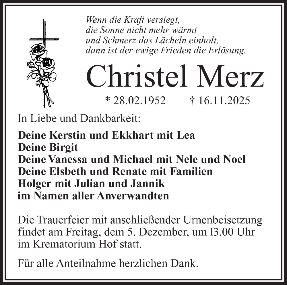  Traueranzeige für Christel Merz vom 29.11.2025 aus Frankenpost