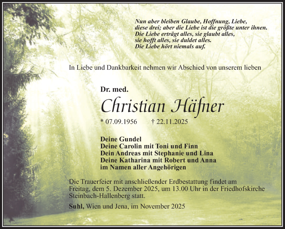  Traueranzeige für Christian Häfner vom 29.11.2025 aus Südthüringer Presse