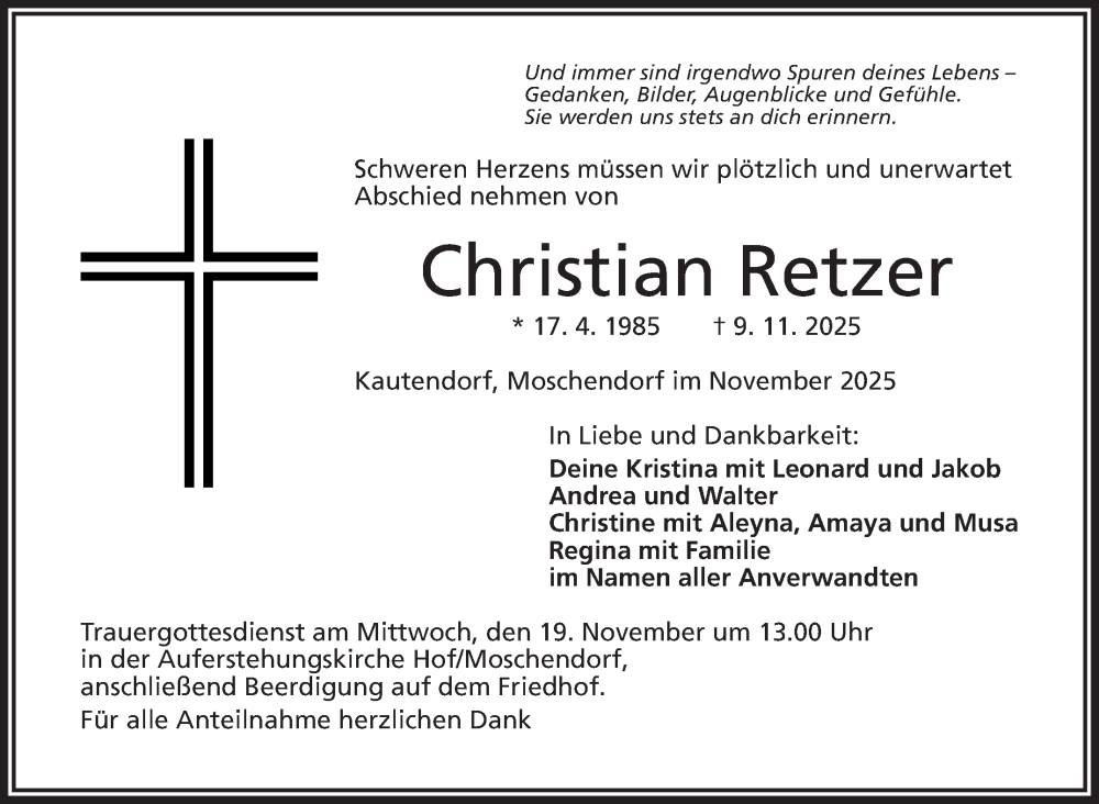  Traueranzeige für Christian Retzer vom 15.11.2025 aus Frankenpost
