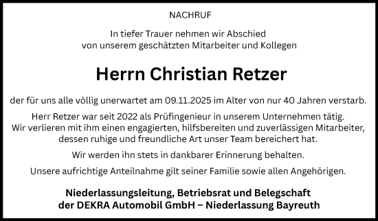 Traueranzeige von Christian Retzer von Frankenpost