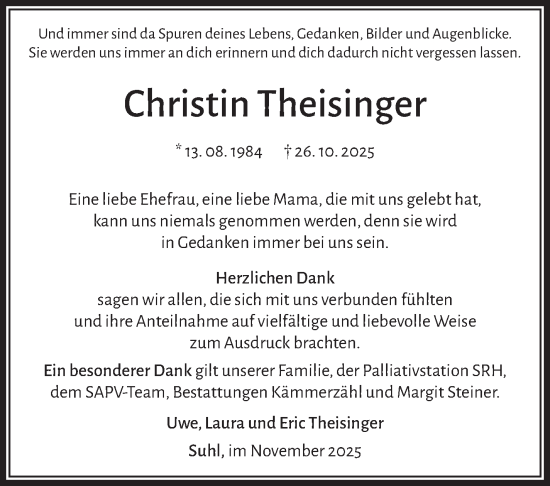 Traueranzeige von Christin Theisinger von Südthüringer Presse