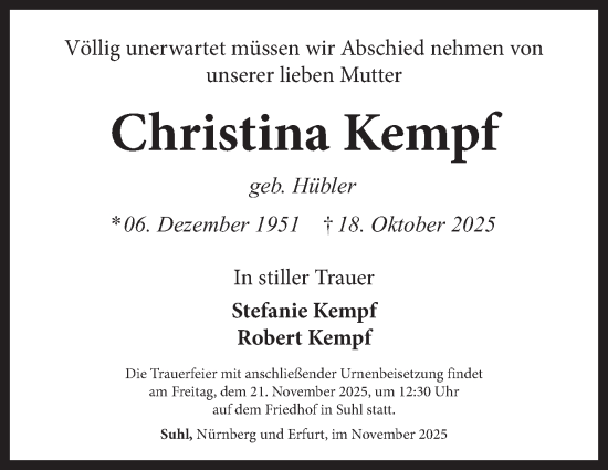 Traueranzeige von Christina Kempf von Südthüringer Presse
