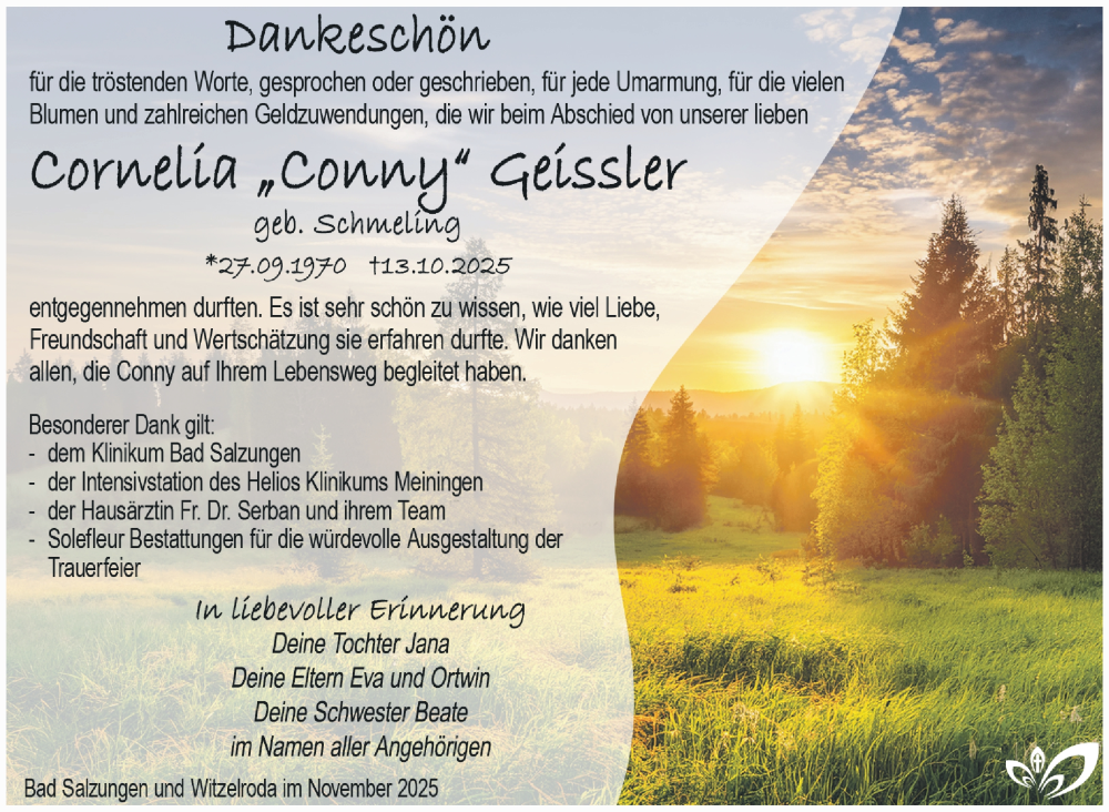  Traueranzeige für Cornelia Geissler vom 15.11.2025 aus Südthüringer Presse