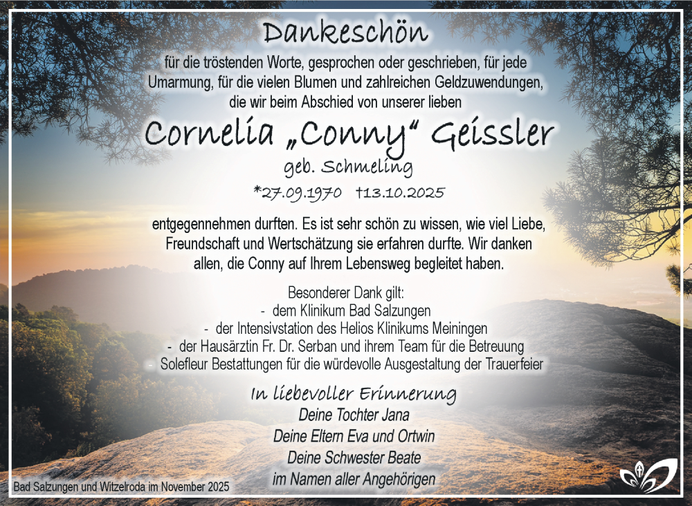  Traueranzeige für Cornelia Geissler vom 22.11.2025 aus Südthüringer Presse