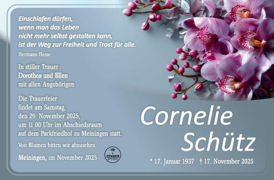 Traueranzeige von Cornelie Schütz von Südthüringer Presse