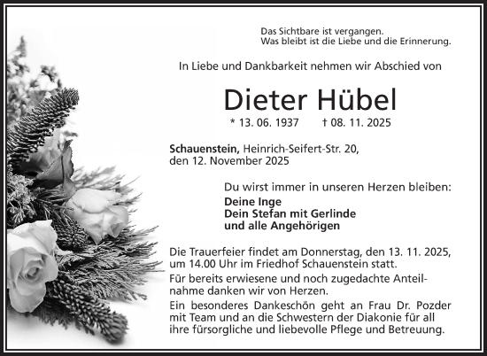 Traueranzeige von Dieter Hübel von Frankenpost