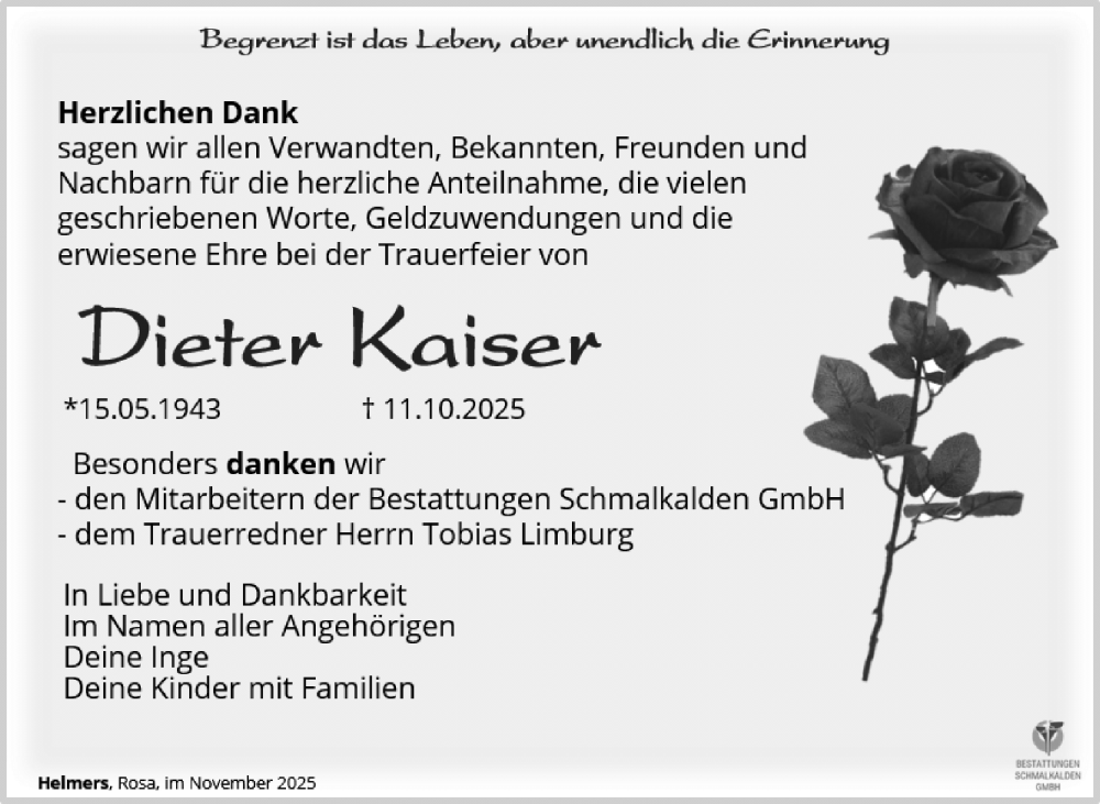 Traueranzeige für Dieter Kaiser vom 22.11.2025 aus Südthüringer Presse