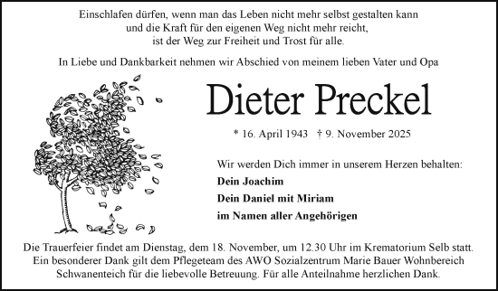 Traueranzeige von Dieter Preckel von Frankenpost