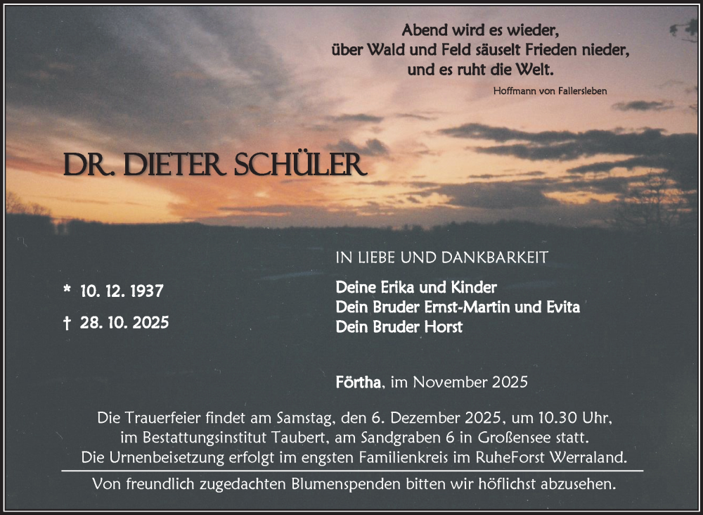  Traueranzeige für Dieter Schüler vom 22.11.2025 aus Südthüringer Presse