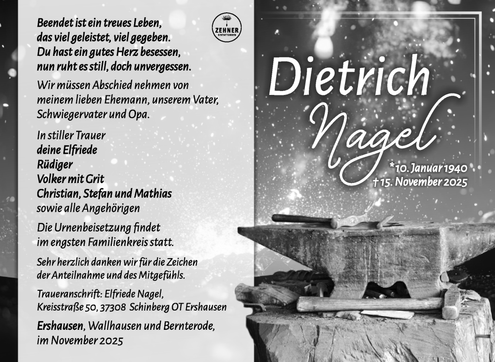  Traueranzeige für Dietrich Nagel vom 28.11.2025 aus Südthüringer Presse
