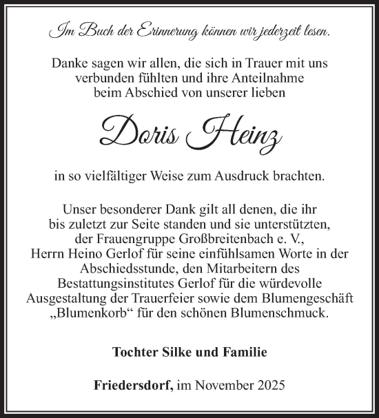 Traueranzeige von Doris Heinz von Südthüringer Presse