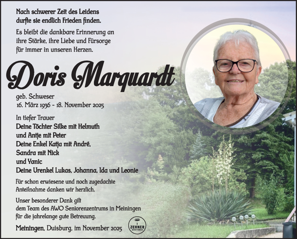  Traueranzeige für Doris Marquardt vom 27.11.2025 aus Südthüringer Presse