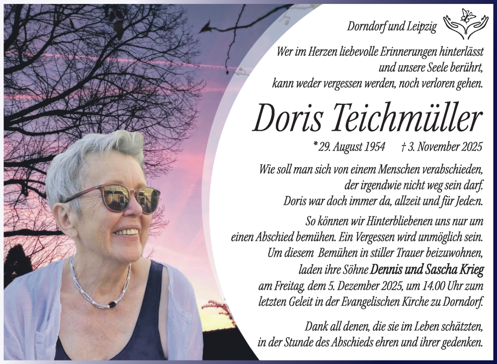  Traueranzeige für Doris Teichmüller vom 29.11.2025 aus Südthüringer Presse