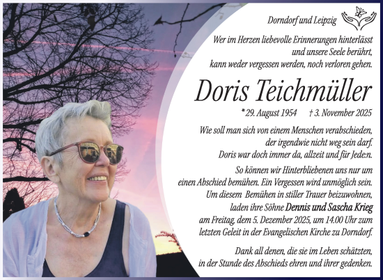 Traueranzeige von Doris Teichmüller von Südthüringer Presse