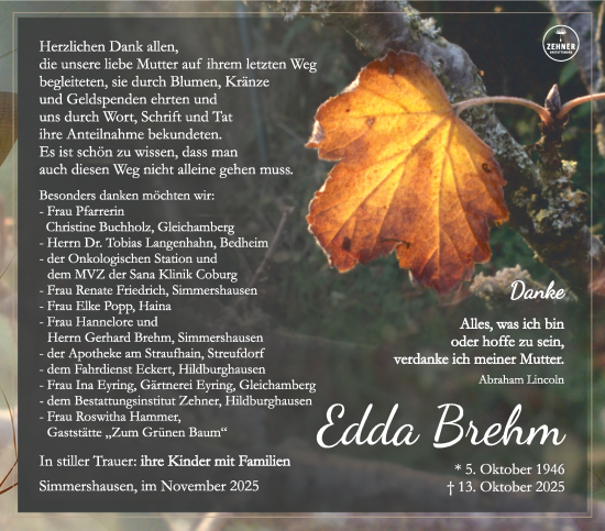 Traueranzeige von Edda Brehm von Südthüringer Presse