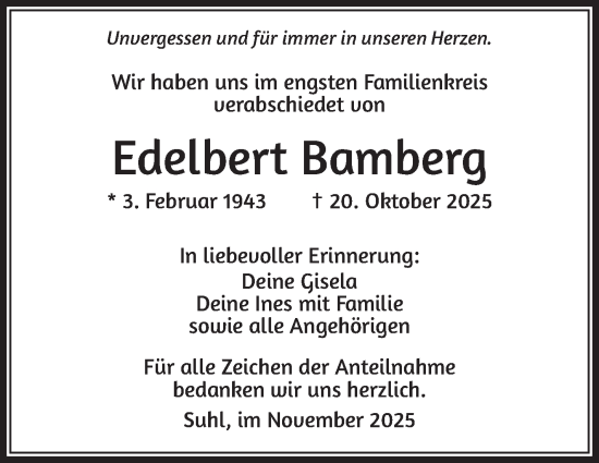 Traueranzeige von Edelbert Bamberg von Südthüringer Presse