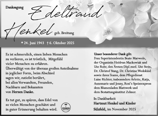 Traueranzeige von Edeltraud Henkel von Südthüringer Presse