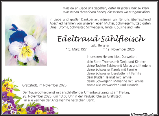 Traueranzeige von Edeltraud Sühlfleisch von Neue Presse Coburg
