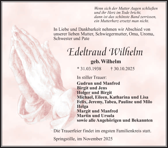 Traueranzeige von Edeltraud Wilhelm von Südthüringer Presse