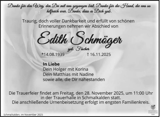 Traueranzeige von Edith Schmöger von Südthüringer Presse
