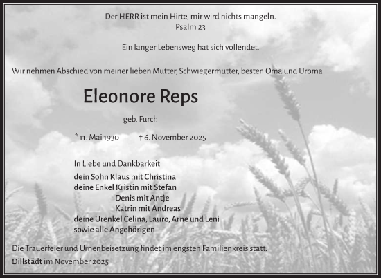 Traueranzeige von Eleonore Reps von Südthüringer Presse