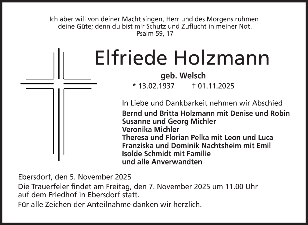  Traueranzeige für Elfriede Holzmann vom 05.11.2025 aus Neue Presse Coburg
