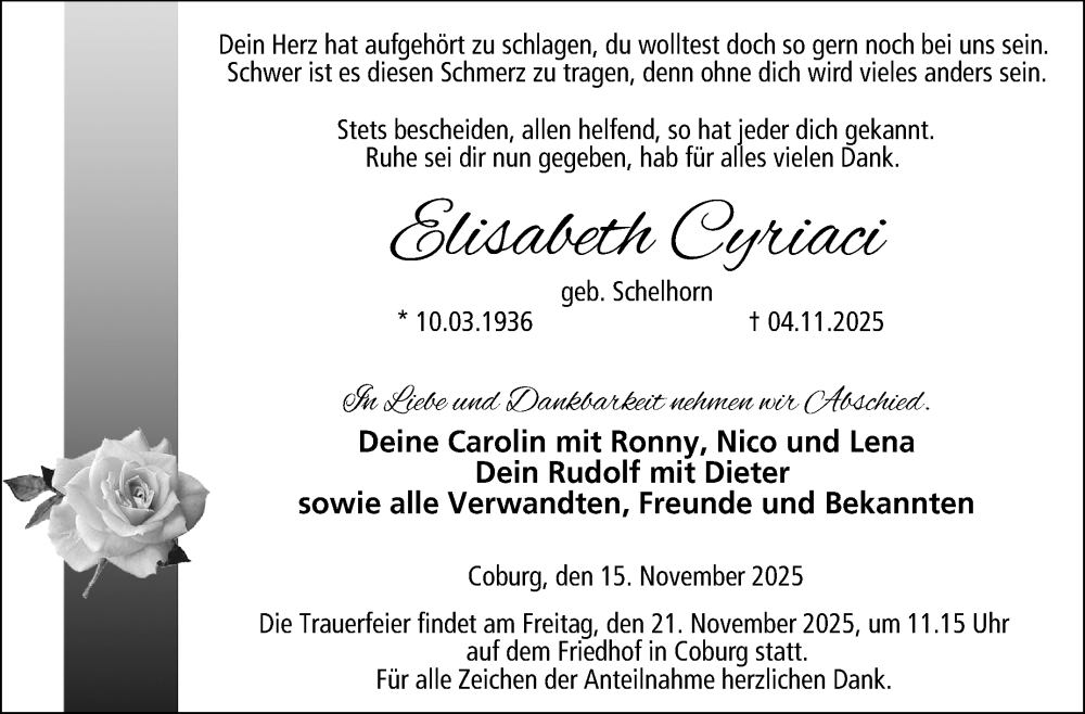  Traueranzeige für Elisabeth Cyriaci vom 15.11.2025 aus Neue Presse Coburg