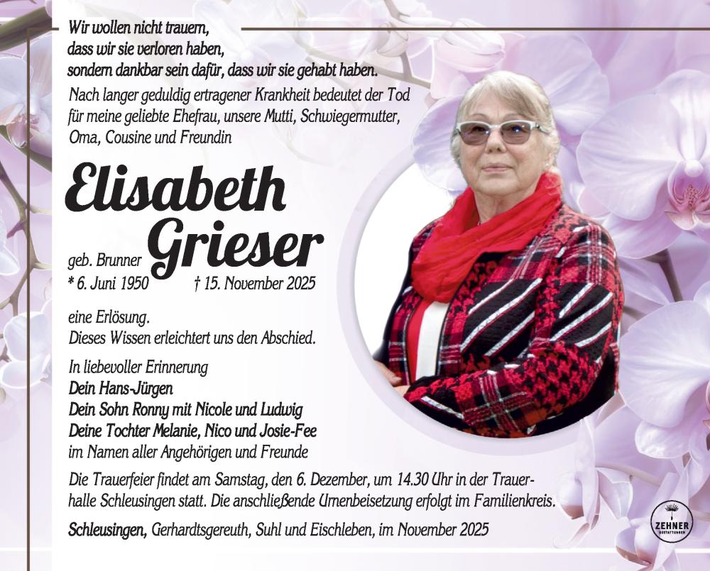  Traueranzeige für Elisabeth Grieser vom 29.11.2025 aus Südthüringer Presse
