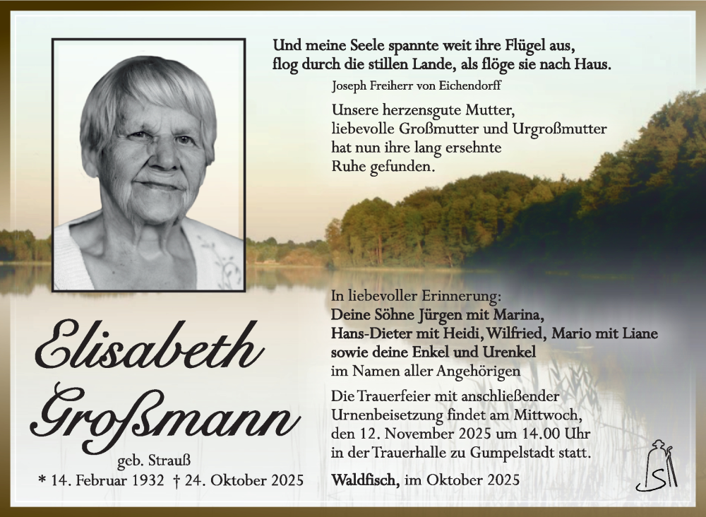  Traueranzeige für Elisabeth Großmann vom 08.11.2025 aus Südthüringer Presse