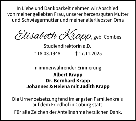 Traueranzeige von Elisabeth Krapp von Neue Presse Coburg