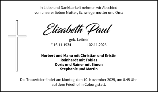 Traueranzeige von Elisabeth Paul von Neue Presse Coburg