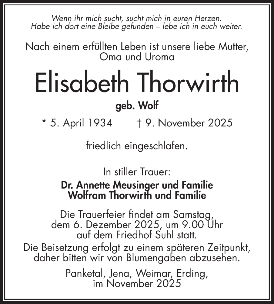  Traueranzeige für Elisabeth Thorwirth vom 22.11.2025 aus Südthüringer Presse