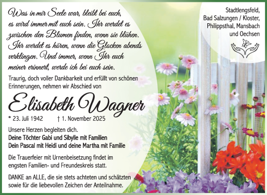 Traueranzeige von Elisabeth Wagner von Südthüringer Presse
