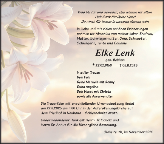 Traueranzeige von Elke Lenk von Südthüringer Presse