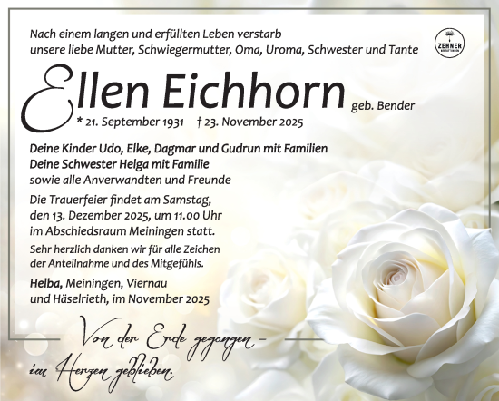 Traueranzeige von Ellen Eichhorn von Südthüringer Presse