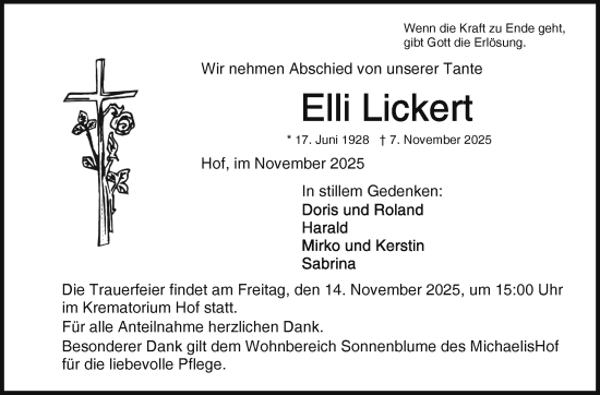 Traueranzeige von Elli Lickert von Frankenpost