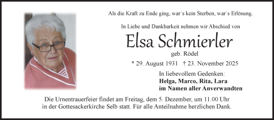 Traueranzeige von Elsa Schmierler von Frankenpost