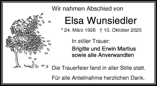Traueranzeige von Elsa Wunsiedler von Frankenpost