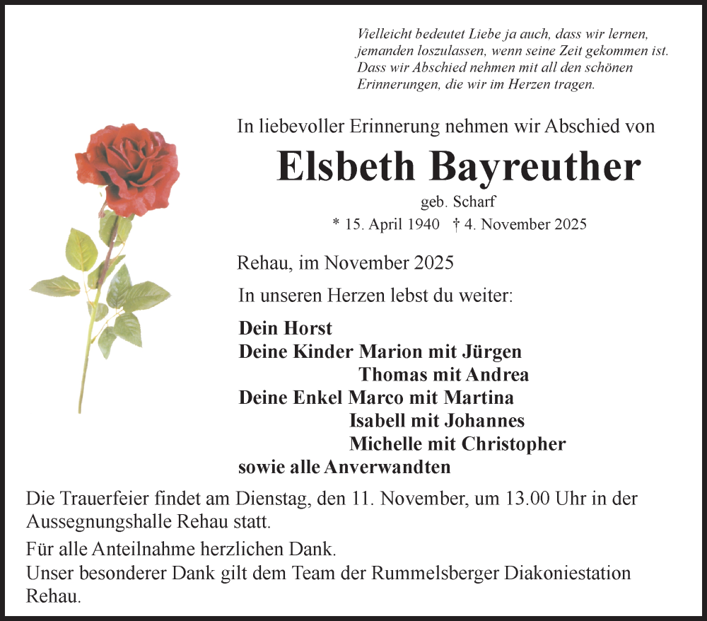 Traueranzeige für Elsbeth Bayreuther vom 08.11.2025 aus Frankenpost