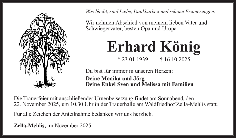 Traueranzeige für Erhard König vom 08.11.2025 aus Südthüringer Presse