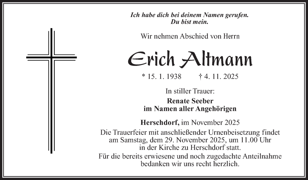  Traueranzeige für Erich Altmann vom 15.11.2025 aus Südthüringer Presse