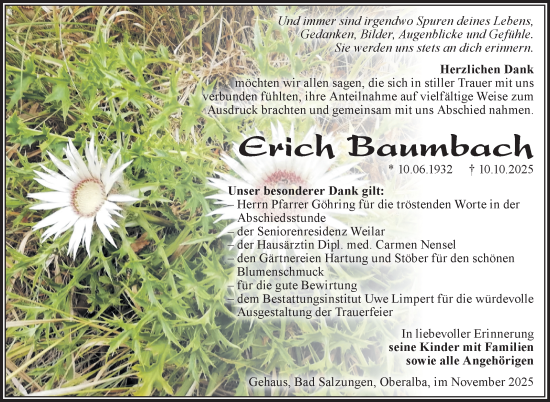 Traueranzeige von Erich Baumbach von Südthüringer Presse