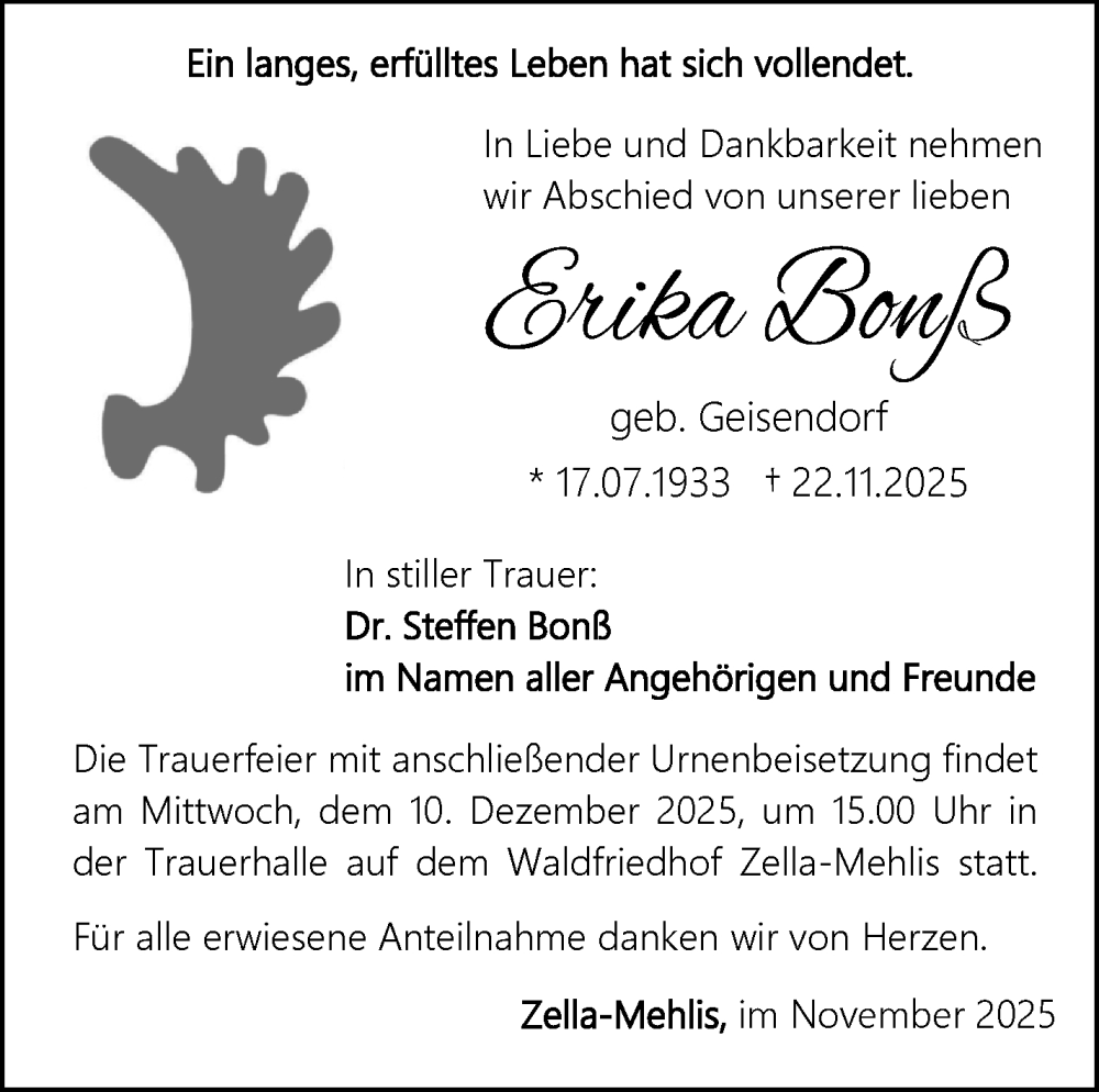  Traueranzeige für Erika Bonß vom 29.11.2025 aus Südthüringer Presse