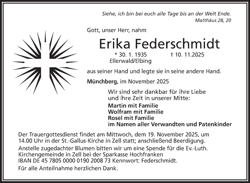  Traueranzeige für Erika Federschmidt vom 15.11.2025 aus Frankenpost