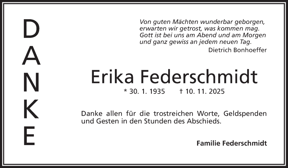  Traueranzeige für Erika Federschmidt vom 29.11.2025 aus Frankenpost