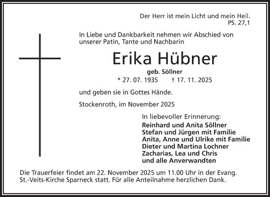 Traueranzeige von Erika Hübner von Frankenpost