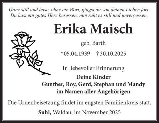 Traueranzeige von Erika Maisch von Südthüringer Presse