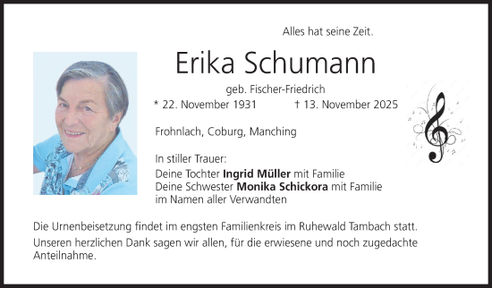 Traueranzeige von Erika Schumann von Neue Presse Coburg