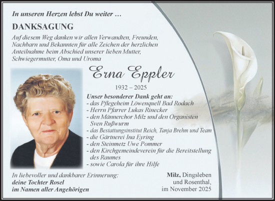 Traueranzeige von Erna Eppler von Südthüringer Presse