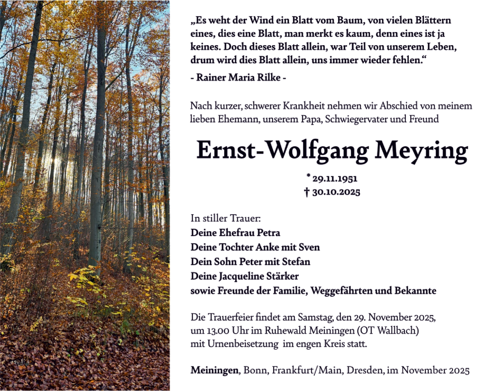  Traueranzeige für Ernst-Wolfgang Meyring vom 12.11.2025 aus Südthüringer Presse